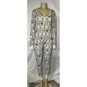 Victoria's Secret Pink Fair Isle/Logo Cotton One Piece Pajamas Black/White Large